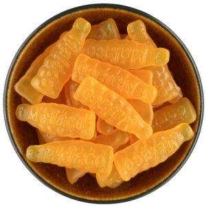 Vingummi fra Malaco - orange soda bottles