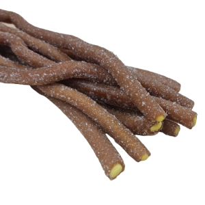 Slikbilen - Kæmpe Fizzy Cola Kabler. BIllede af lange brune slik kabler, overtrukket med sukker.