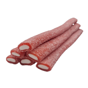 Slikbilen - Kæmpe fizzy stick jordbær. Billede af seks lækre kæmpe stænger med jordbær og sukker. Baggrunden er transparent.